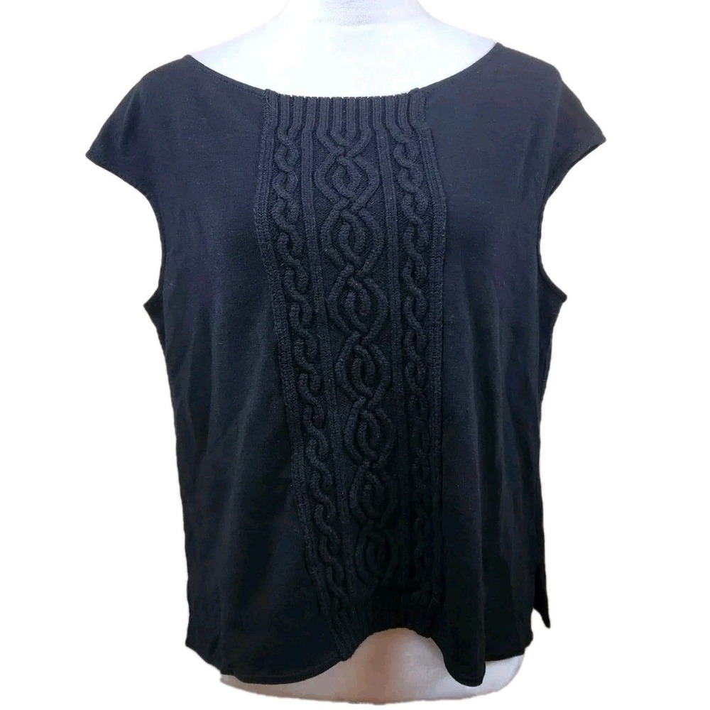 St John Womens Large Cable Knit Sweater Wool Blend Classic Top Black Sleeveless‎